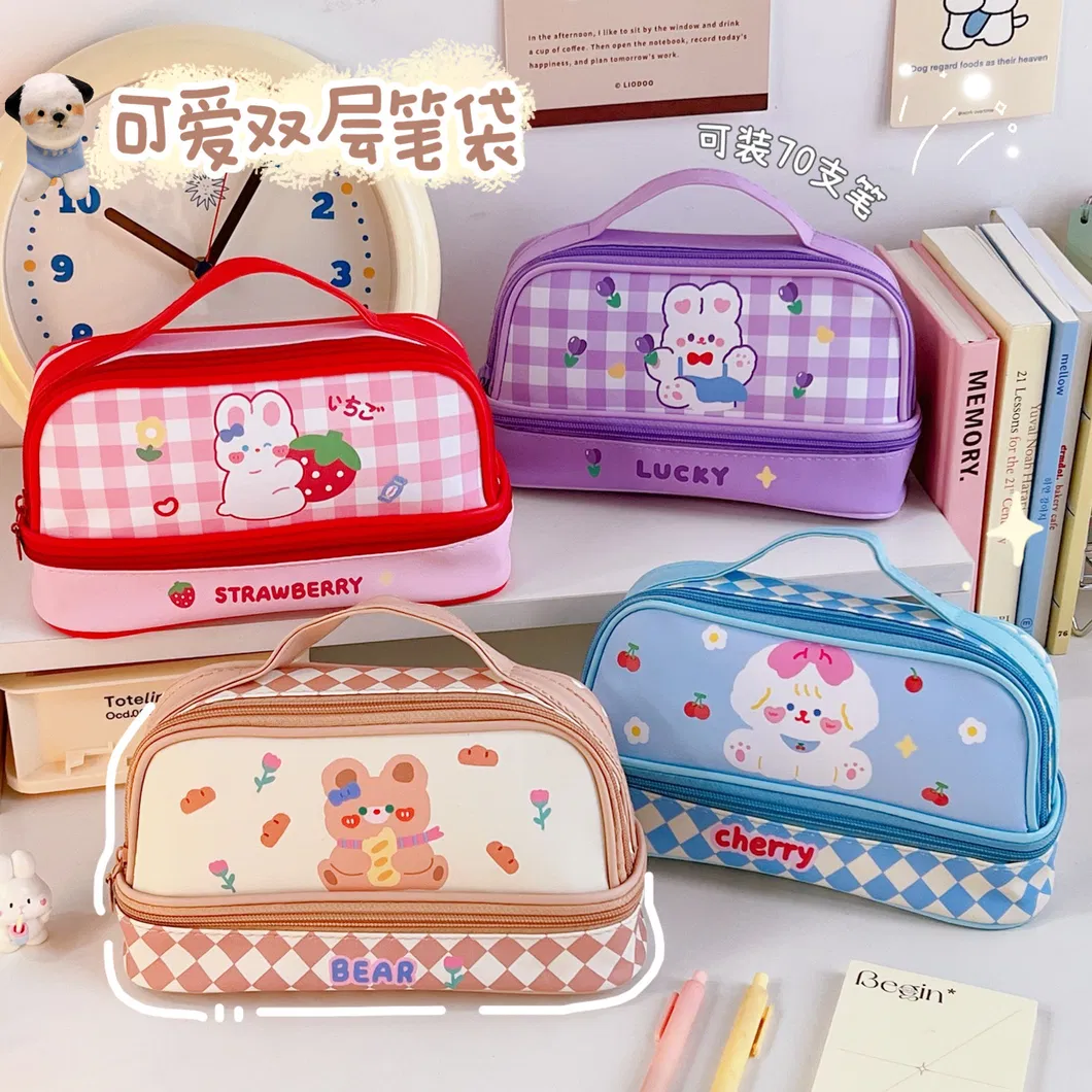 Kawaii Cartoon Stationery Bag Double Layer Large Capacity Leather Pencil Case