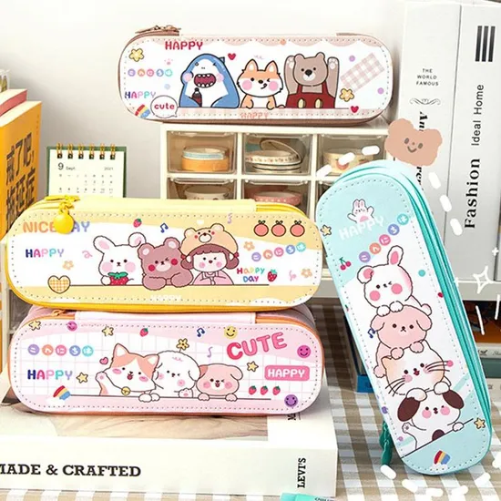 School Kids Cartoon Kawaii Cat Design Double Layer PU Pencil Case Large Capacity