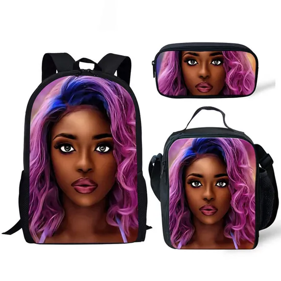 Girls Backpack for School Black Art African Girls Design Bagpack Children 3PCS/Set Schoolbag Bookbag