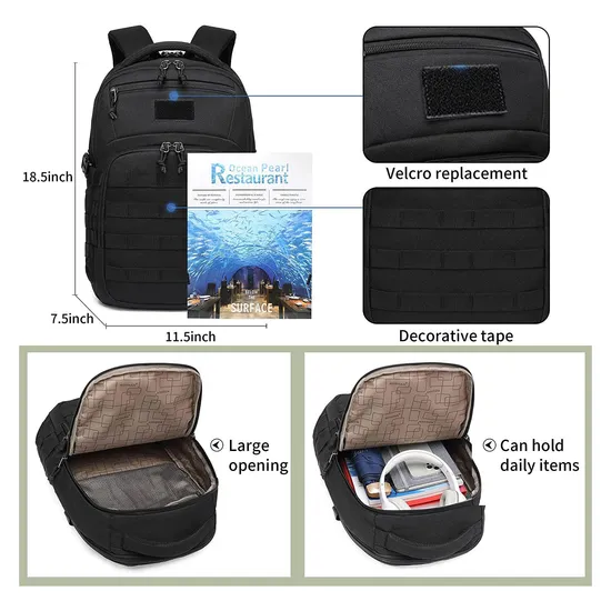 Black Polyester Waterproof Big Capacity Tactical Backpack Bags for Men Travel Outdoor