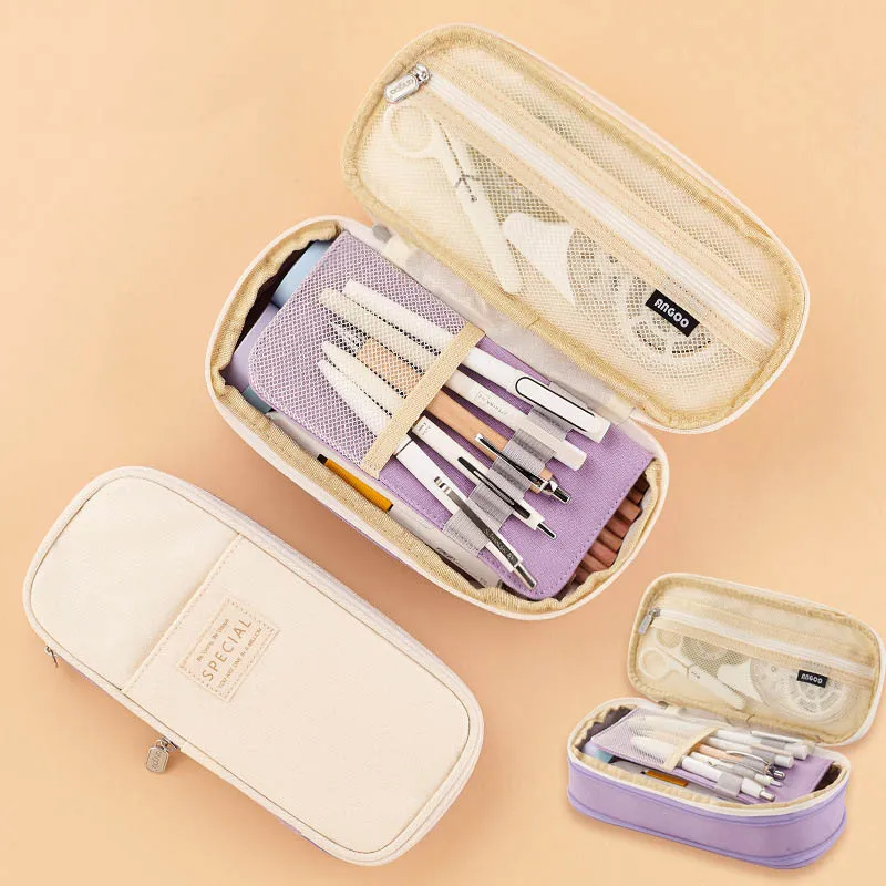 New Arrival Foldable Big Capacity Canvas Zipper Pencil Pouch Case Bag Stationery Organizers Compartments Cosmetic Makeup Bags