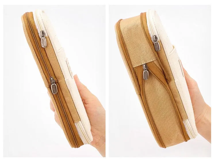 New Arrival Foldable Big Capacity Canvas Zipper Pencil Pouch Case Bag Stationery Organizers Compartments Cosmetic Makeup Bags