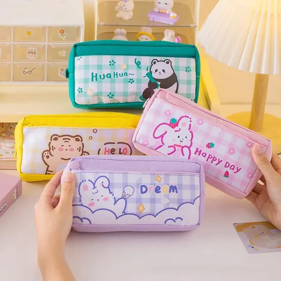 Large Capacity School Children Kawaii Cartoon Canvas Oxford Pencil Case with Zipper