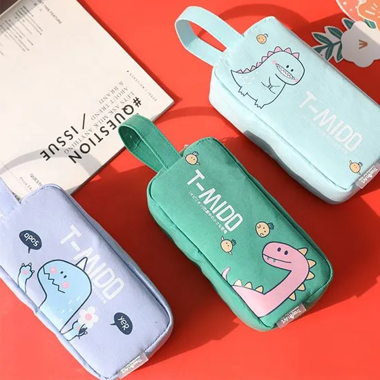 Wholesale Kids School Stationery Pen Bags Canvas Cartoon Dinosaur Pencil Case