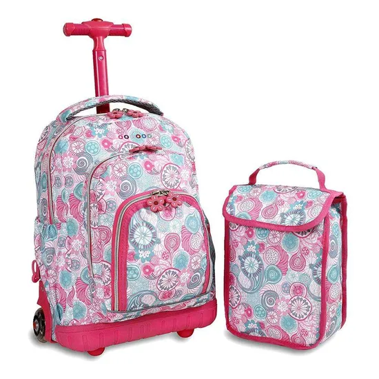 New Trolley School Bags Set with Lunch Box, Large Capacity School Bags Kids Backpack for Girl 600d Polyester Flower Legend