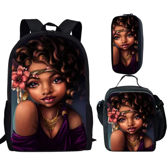 School Bags for Girls Black Art African Backpack Children 3PCS Schoolbags Set Kids Primary School Backpack Students
