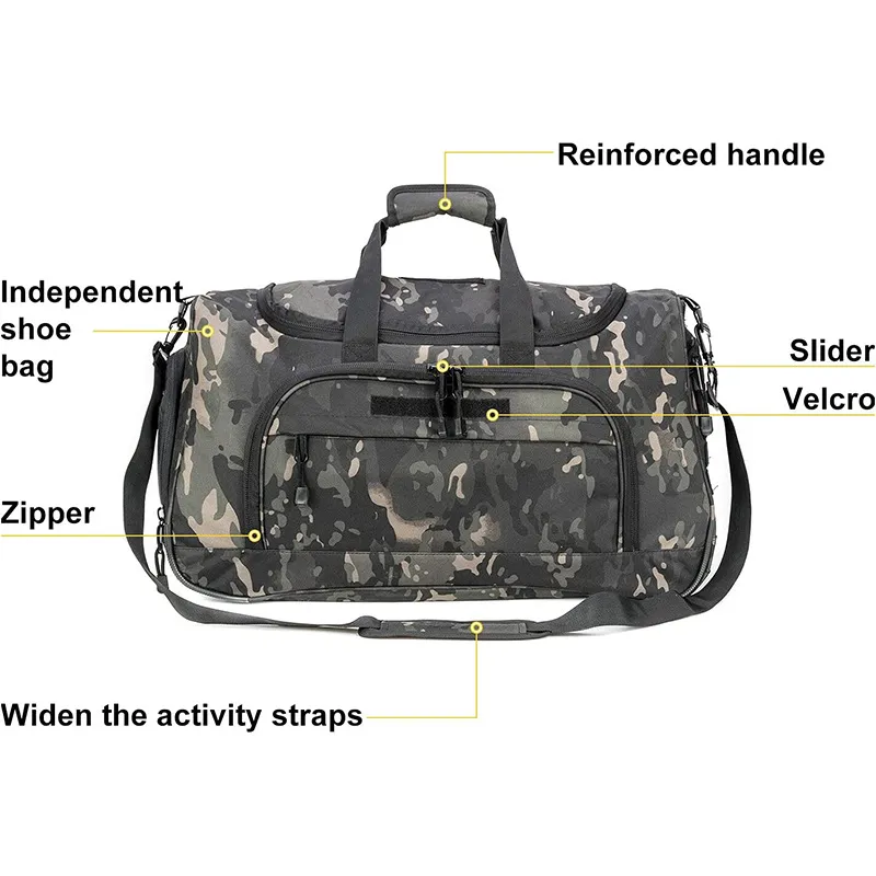 Cross Border New Tactical Camouflage High-Capacity Portable Fitness Bag Travel Storage Bag with Independent Shoe Compartment