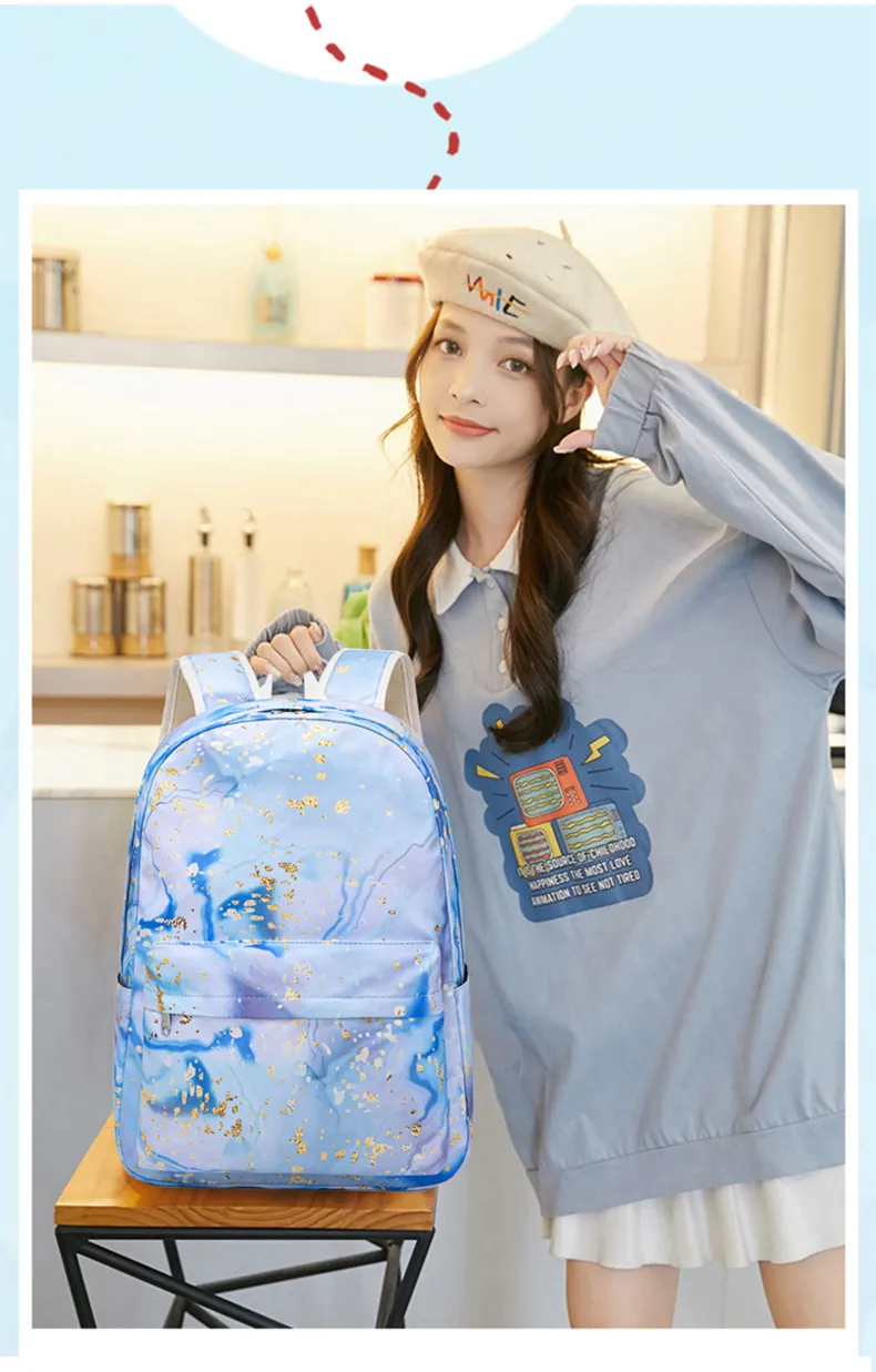 New Colorful Backpack for Primary and Secondary School Students Printed Schoolbag Women&prime;s Three Piece Set