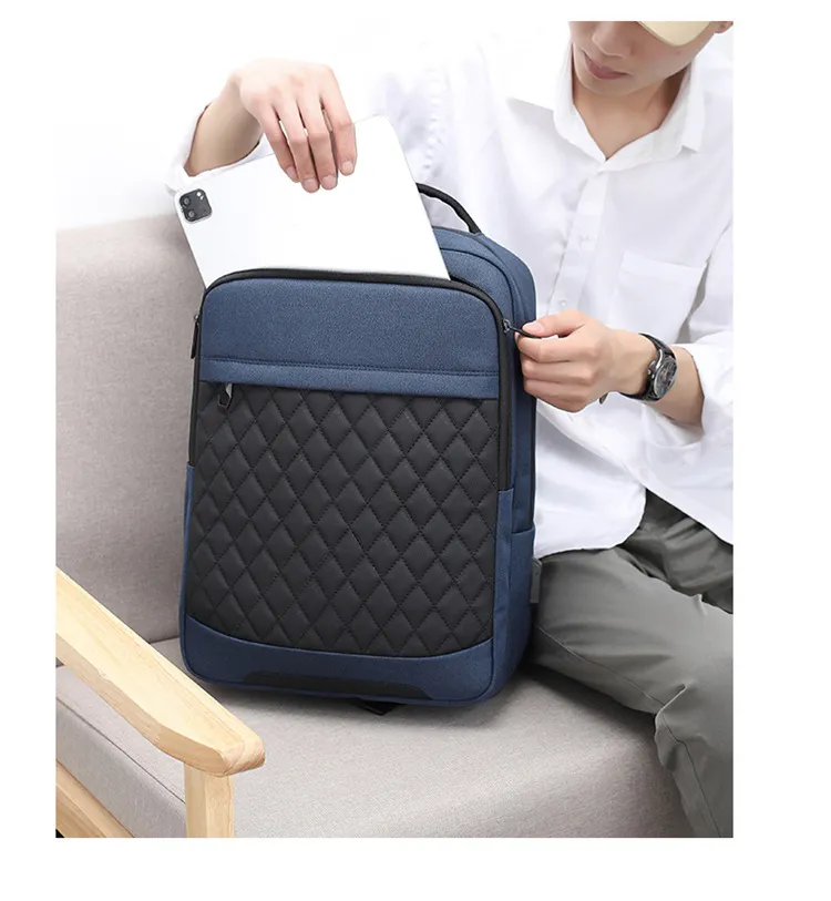 Mens Large Capacity Backpack Fashion Diamond Grid Business 15.6-Inch Computer Backpack
