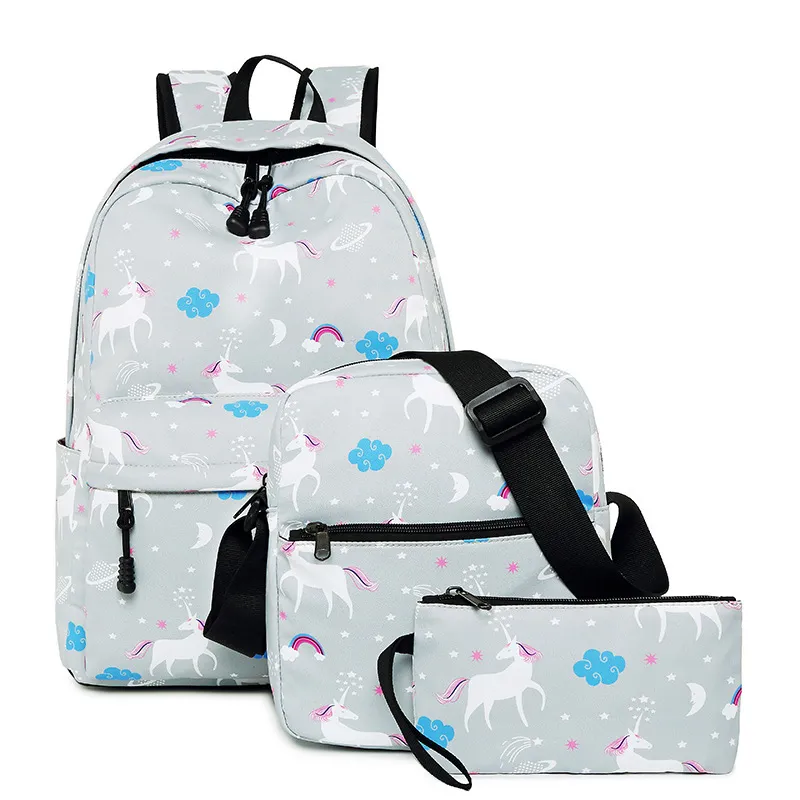 High School Female Unicorn Children&prime;s Backpack Customized Crossbody Bag Pen Bag Three Piece Set