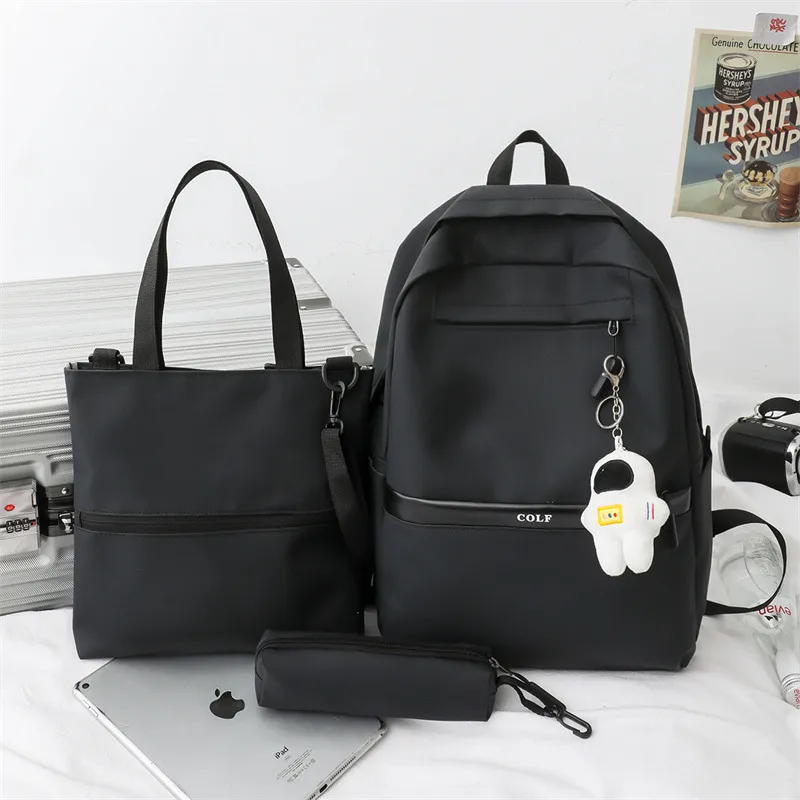 Trendy Fashionable Leather Film Large Capacity Middle School Student Three Piece Set Backpack
