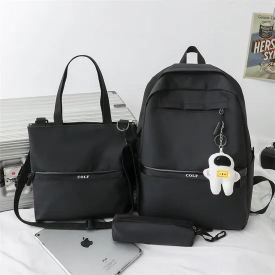Trendy Fashionable Leather Film Large Capacity Middle School Student Three Piece Set Backpack