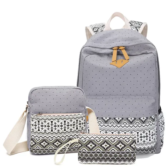 Three Piece Set of Leisure Canvas Backpack for Female Students Mother Bag High School Lunch Bag