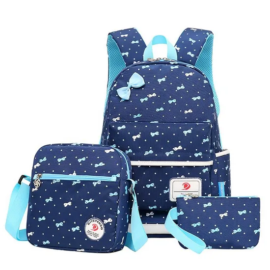 New Cross Border Cute Bow Print Three Piece Set for Middle School Students Campus Large Capacity Backpack
