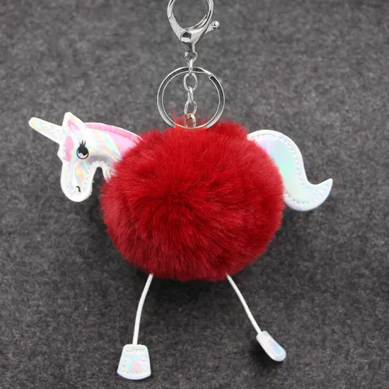 Cartoon Unicorn PU Leather Pompom Key Accessories Ladies′ Fur Ball Key Ring Unicorns Handbag Hang