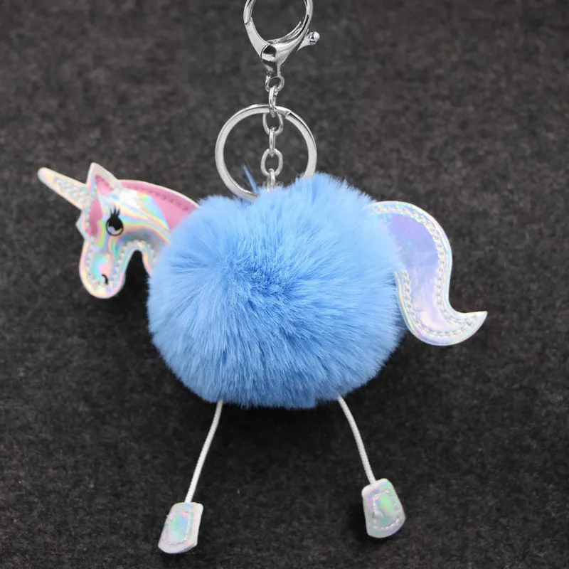 Cartoon Unicorn PU Leather Pompom Key Accessories Ladies&prime; Fur Ball Key Ring Unicorns Handbag Hang