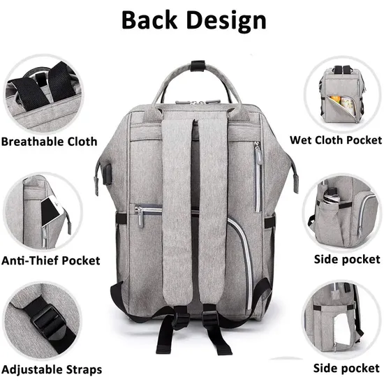 Factory Custom Diaper Bag Backpack Versatile Travel Backpack with USB Charging Port Insulated Pocket
