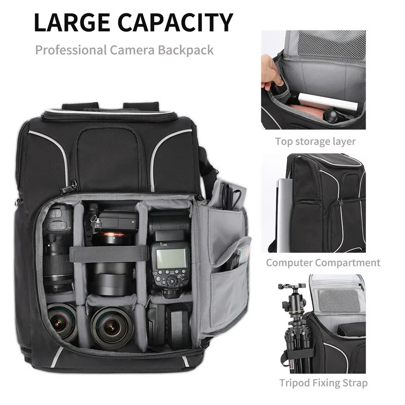 Customized New Black Oxford Cloth Camera Backpack Outdoor Travel Shoulder SLR Photography Backpack