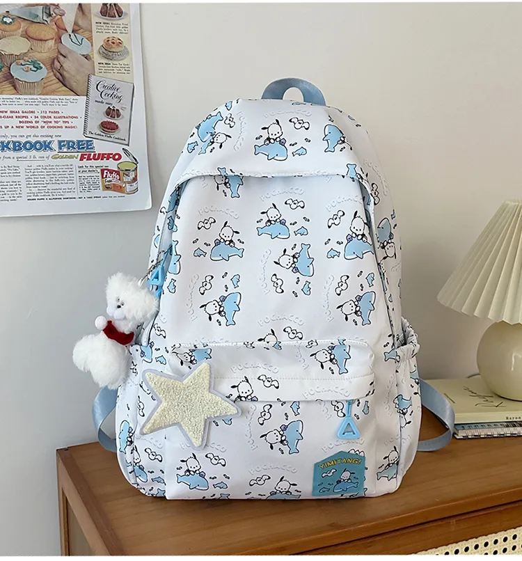 New Junior High School Nylon Backpack Cute Cartoon Hanger Print Large Capacity Boys and Girls School Backpack