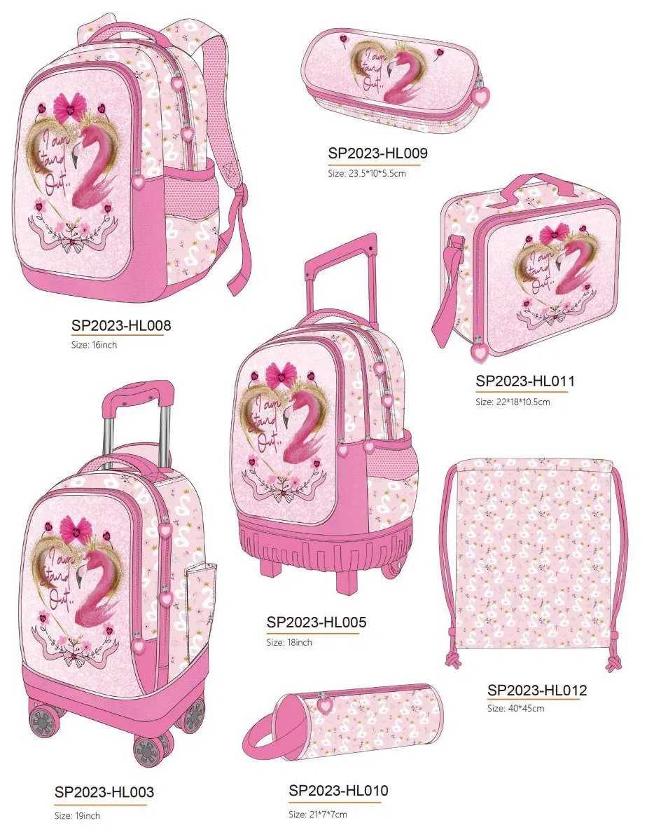 Large Capacity 19&prime;&prime; 300d Polyester Flamingo Pattern School Wheel Trolley Bag with Pencil Case Lunch Bag 4 Wheel Trolley Backpack