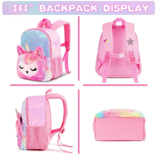 Kindergarten Children′s Plush 3D Unicorn Anti-Lost Small Backpack Girls Sequin School Backpack