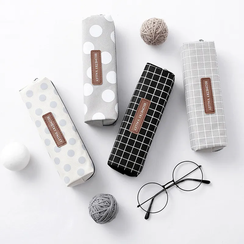 Creative Fashion School Student Stationery Zipper Canvas Grid Pencil Case