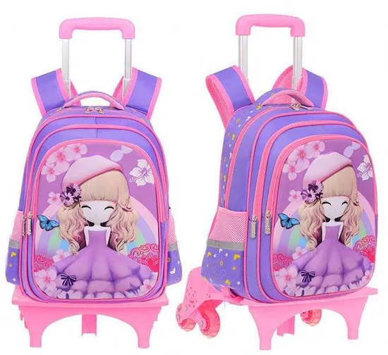 Cartoon Detachable Children Girl Trolley School Backpack Bag with Three Wheel