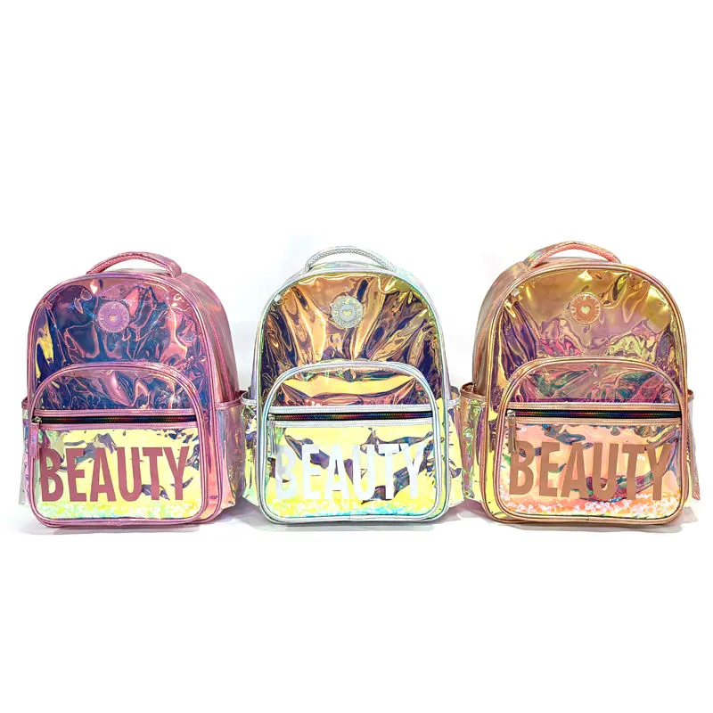 Custom Fashion Large Capacity Holographic Laser PU Girls School Bags Kids School Backpack