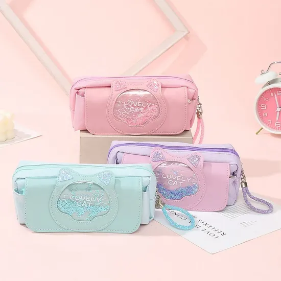 Kids Stationery Bag Cute Kawaii Cat Canvas PU Leather Pencil Case for Girls