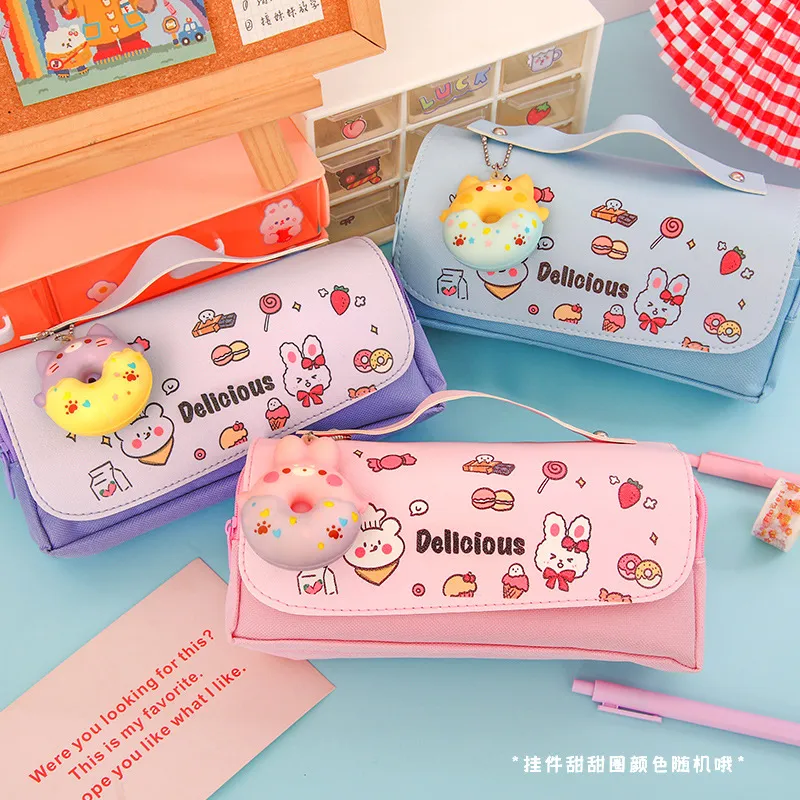 School Large Size Cartoon Donut Cat Design Cute Kawaii Pencil Case for Kids