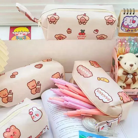 School Large Capacity Cute Cartoon Bear Zipper Pencil Case Canvas for Children