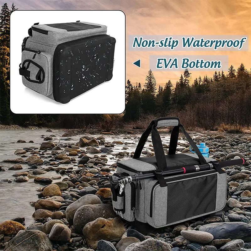 2024 New Fishing Gear Luggage with Rod Frame Waterproof Fishing Gear Storage Bag with EVA Anti Slip Base