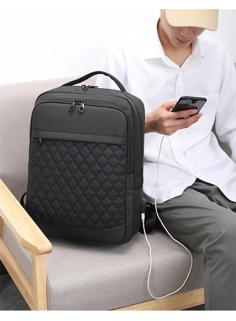 Mens Large Capacity Backpack Fashion Diamond Grid Business 15.6-Inch Computer Backpack