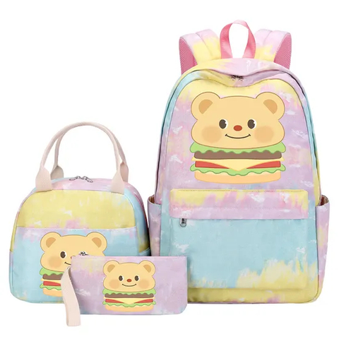 Butter Bear Student Children′s Backpack Handbag Bento Bag Pencil Case 3-Piece Set