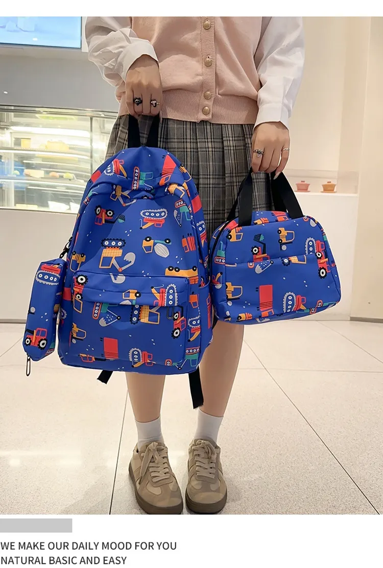 Cartoon Dinosaur Backpack with Graffiti Print Three Piece Set Large Capacity Student Backpack