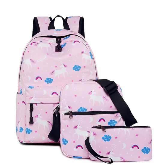 High School Female Unicorn Children′s Backpack Customized Crossbody Bag Pen Bag Three Piece Set