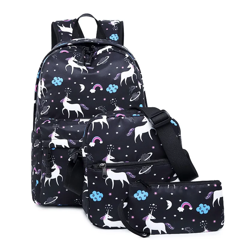 High School Female Unicorn Children&prime;s Backpack Customized Crossbody Bag Pen Bag Three Piece Set