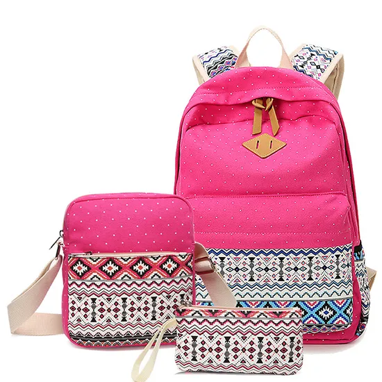 Three Piece Set of Leisure Canvas Backpack for Female Students Mother Bag High School Lunch Bag