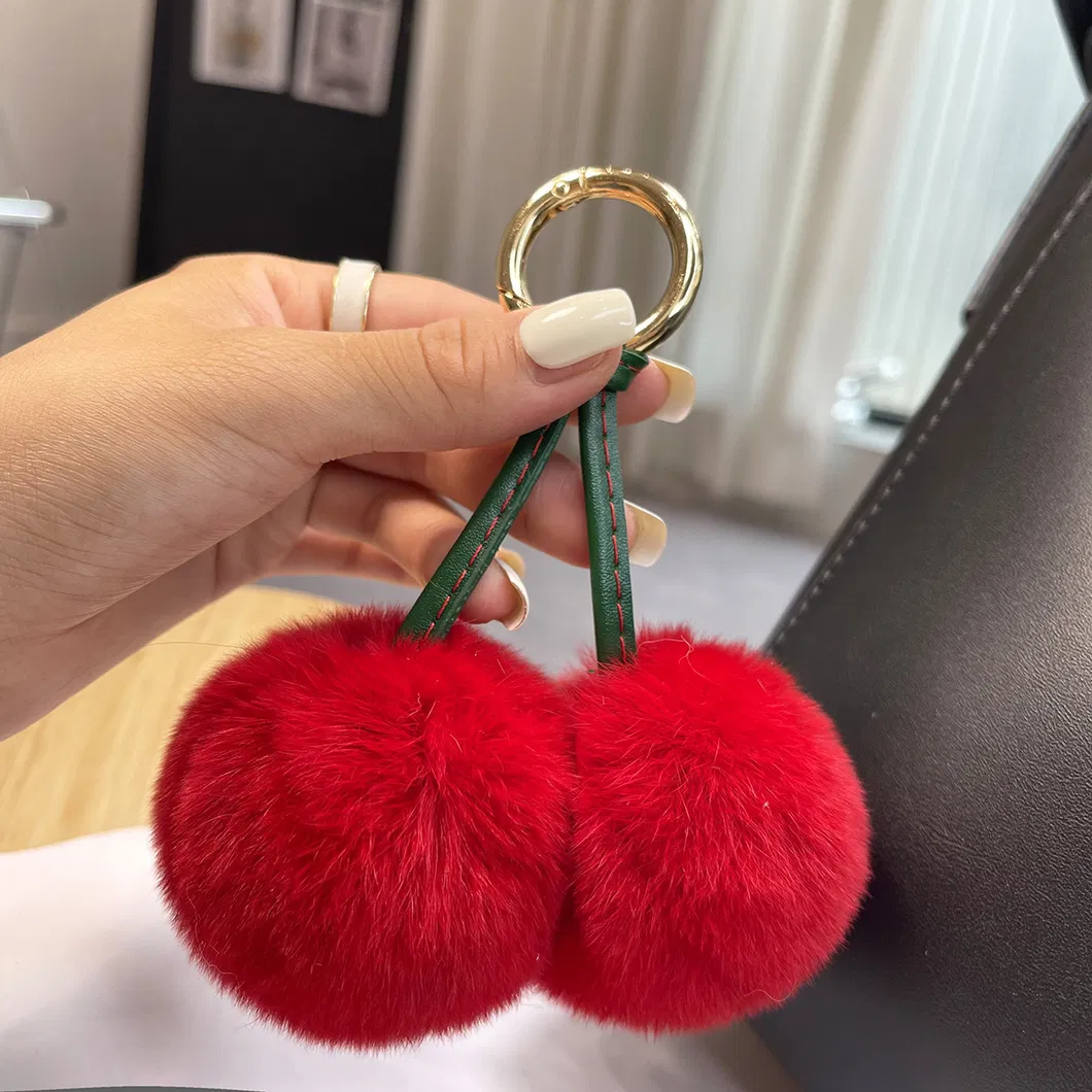 Wholesale Cute Fruit Cherry Plush POM POM Keyrings Real Rex Rabbit Fur Fluffy Accessories Car Keychain Toys Backpack Pendent
