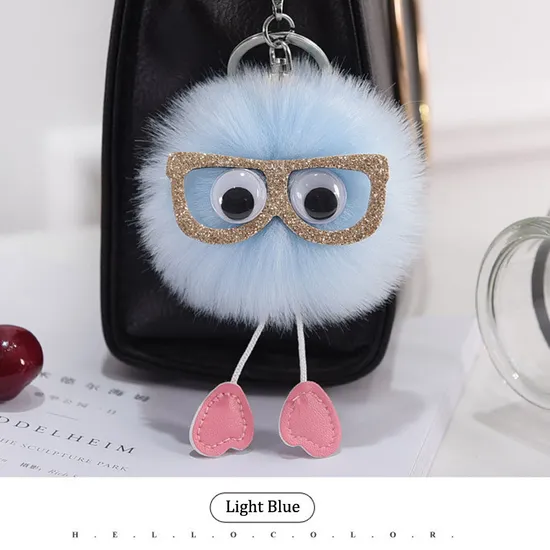 High Quality Owl POM POM Keychain Glasses Owl Keychain Fur Ball Bling Plush Key Chains