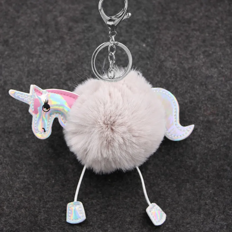 Cartoon Unicorn PU Leather Pompom Key Accessories Ladies&prime; Fur Ball Key Ring Unicorns Handbag Hang