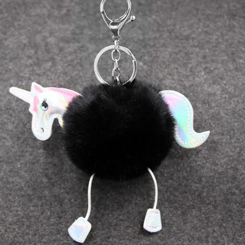 Cartoon Unicorn PU Leather Pompom Key Accessories Ladies′ Fur Ball Key Ring Unicorns Handbag Hang