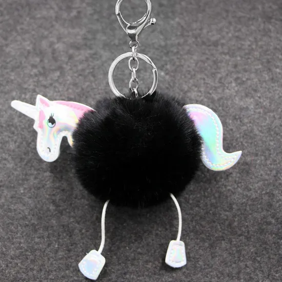 Cartoon Unicorn PU Leather Pompom Key Accessories Ladies′ Fur Ball Key Ring Unicorns Handbag Hang