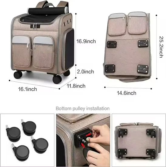 Airline Approved Telescopic Zipper Mesh Breathable Walking Handle Cat Dog Pet Carrier with Wheels Pet Suitcase