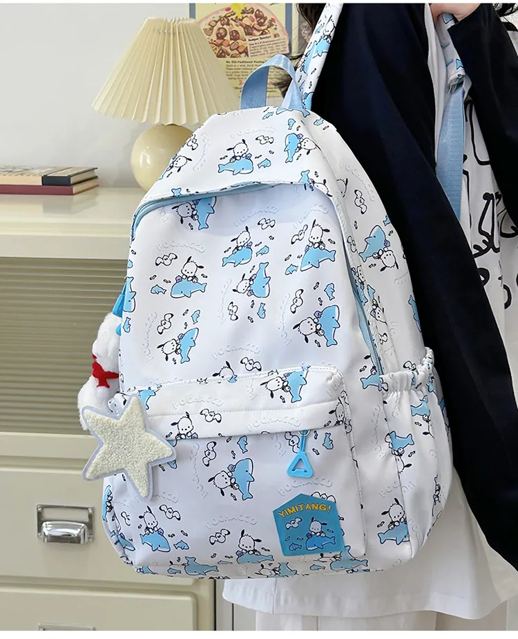 New Junior High School Nylon Backpack Cute Cartoon Hanger Print Large Capacity Boys and Girls School Backpack