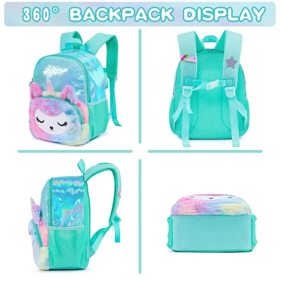 Kindergarten Children′s Plush 3D Unicorn Anti-Lost Small Backpack Girls Sequin School Backpack