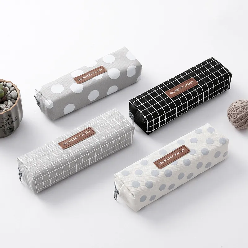 Creative Fashion School Student Stationery Zipper Canvas Grid Pencil Case