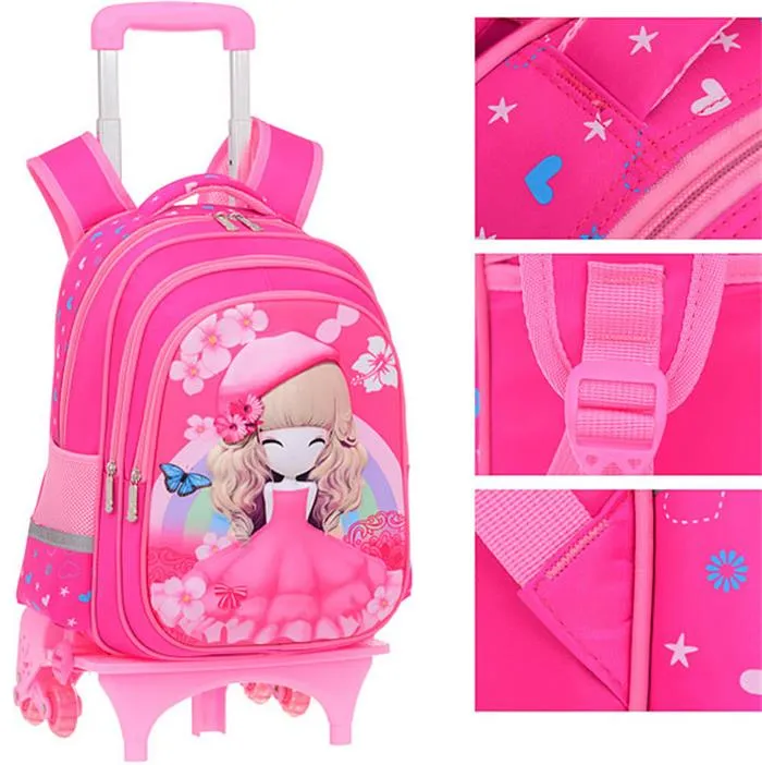 Cartoon Detachable Children Girl Trolley School Backpack Bag with Three Wheel