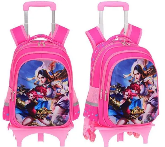Cartoon Detachable Children Girl Trolley School Backpack Bag with Three Wheel