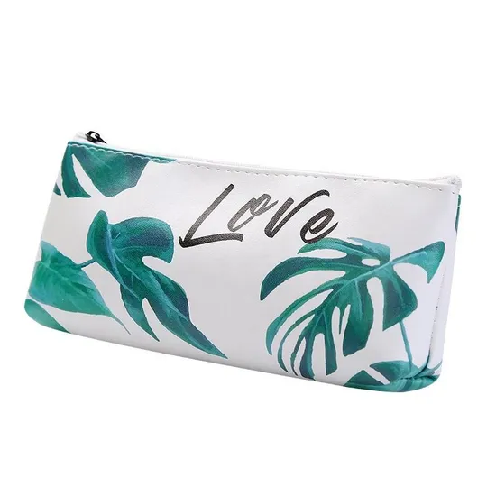 Fashion Office Stationery Bag Custom Leaves Pattern PU Leather Pencil Case